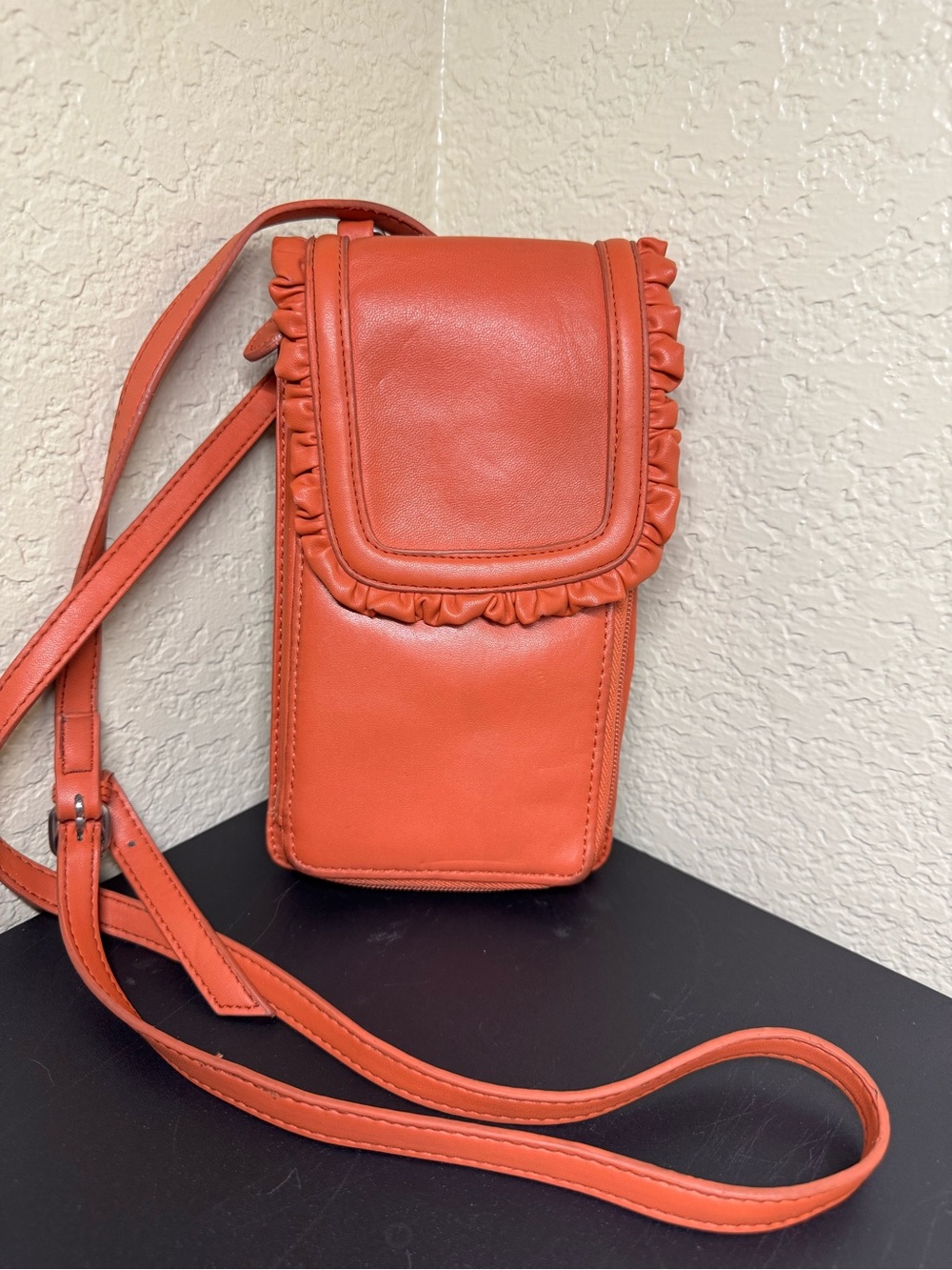 Coldwater Creek Leather Crossbody Wallet Bag Coral Pink Ruffle Flap